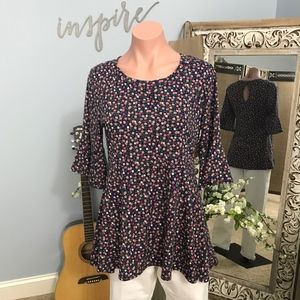 Navy Floral 3/4 Bell Sleeve Top